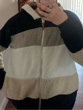 Striped Sherpa Zip-Up Jacket - Neutral Colorblock